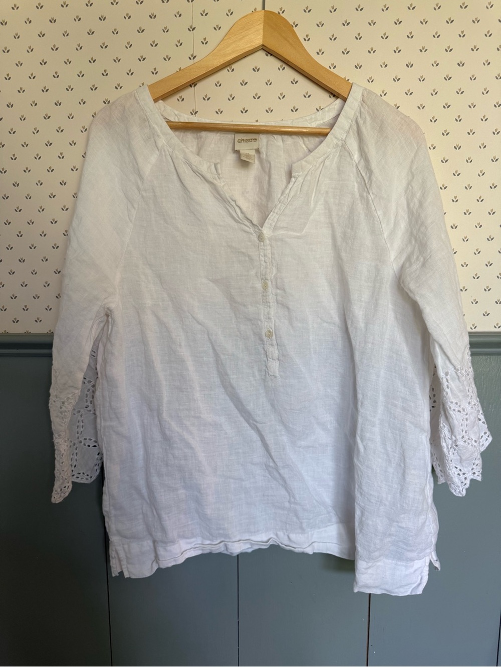 100% Linen Button-Front Top with Eyelet Sleeves